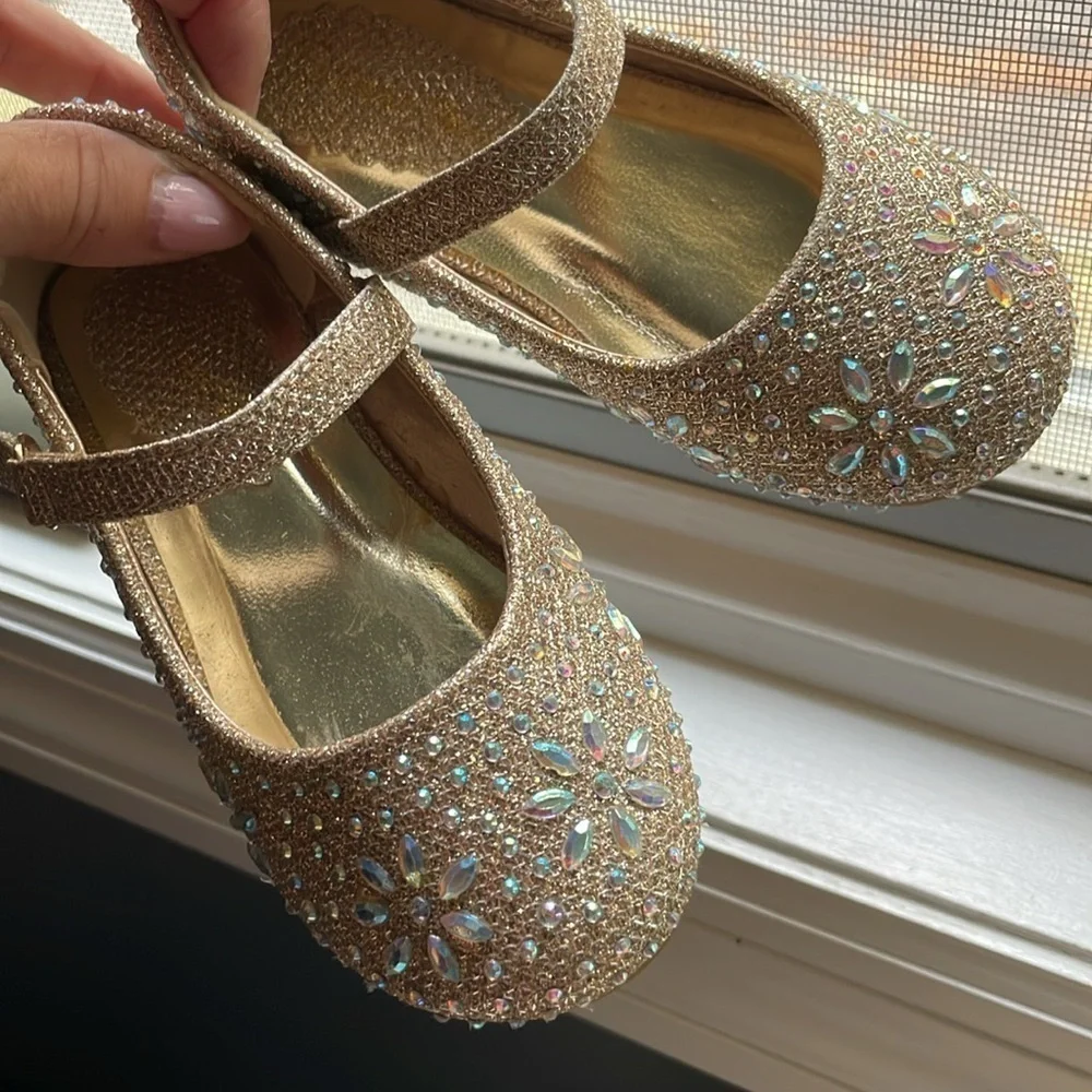 Toddler Girl Mary Jane Gold  rhinestone ballet flats Sz 7 Holiday New Years